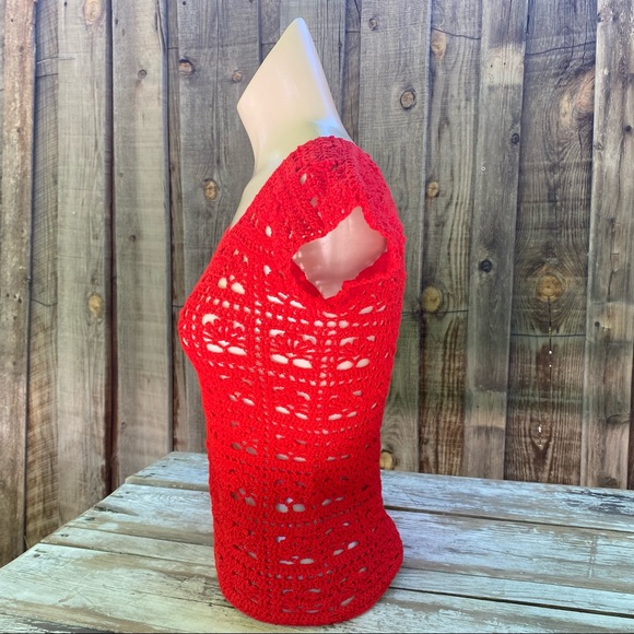 Vintage red crochet top, hollow knit, peek a boo retro shirt, Valentines, XS - Picture 6 of 14